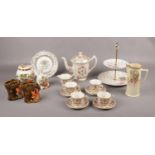 A group of ceramics, Old Foley Teapot cups & saucers, Sylvac 4233 vases, Sadler ginger jar & bell,