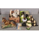 Two boxes of miscellaneous to include large plaster cast figure of a dog, mantel dogs, small