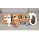 Four boxes of miscellaneous including 2 wooden ink presses, Fenton biscuit barrel & oval wooden