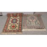 A wool green ground rug (149cm x 95m) along with a multi coloured carpet runner. (290cm x 60cm)