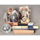 Two boxes of miscellaneous, to include mirror ball, easels, chrome plated tea set etc.
