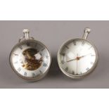 Two bullseye glass desk clocks, one with exhibition dial. Both running.