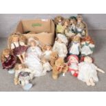 Two boxes of dolls and teddies to include Bisque headed doll's on stands examples etc.
