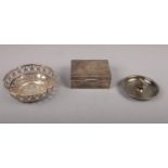 A small collection of silver and silver plated items, to include a silver cigarette box assayed in