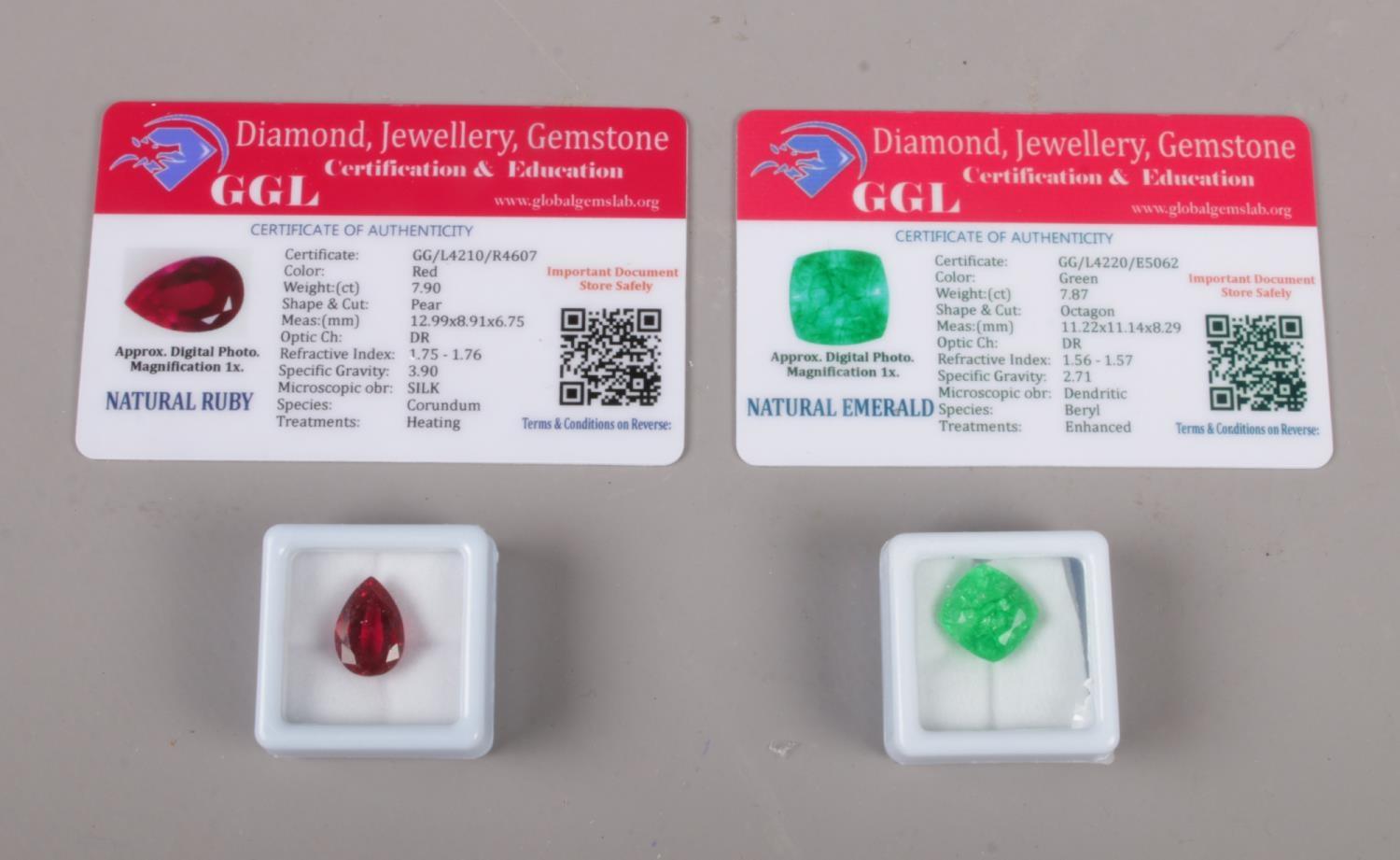 Two Large Natural gemstones, Emerald & Ruby, Pear & Octagon cut, Enhanced & heat treated, 7.87ct &