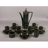 A Portmeirion Pottery Totem coffee set, designed by Susan Williams-Ellis with dark green glaze. Good
