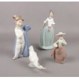 Four NAO by Lladro figures, My Daddy's Coat No. 1316, girl with hat, duck and Lady figure Lady