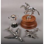 A silver plated horse racing trophy on oak plinth, along with a small silver plated twin handled cup