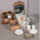 Two boxes of miscellaneous to include ornate gilt framed wall mirror, enamelled metal plate, pine