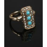 A 9ct gold seed pearl & Turquoise stone dress ring, size 0, gross 3.0g