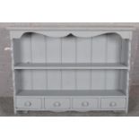 A grey painted pine delft rack with three spice drawers. (90cm x 98cm)