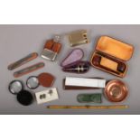 A group of collectables, to include silver plate and leather hip flask, cased pair of pipes, 12 inch