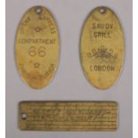 Three vintage brass key fobs to include Savoy Grill London, Orient Express Compartment 66 Paris-