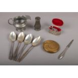 An assortment of metal ware comprising of, Set of 4 Odeon Theatres Elkington Monarchy Silver Plate