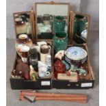 Two boxes of miscellaneous to include triple fold mirror, carnival glass, Poole, vases, cabinet