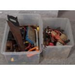 Two boxes of miscellaneous to include saws, hammers, eclectic drill, screwdrivers, etc.