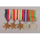 Five WWII medals, the Africa Star, the Italy Star, the 1939-45 star, the defence medal, & the War