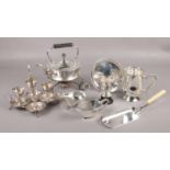 A collection of silver plate, to include spirit kettle, Campbell & Lumby egg cup set, sauceboats