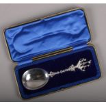 A cased silver spoon with galleon shaped terminal assayed Sheffield 1907 by Joseph Rodgers & Sons,