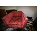 1970's square swivel armchair, red corded cloth