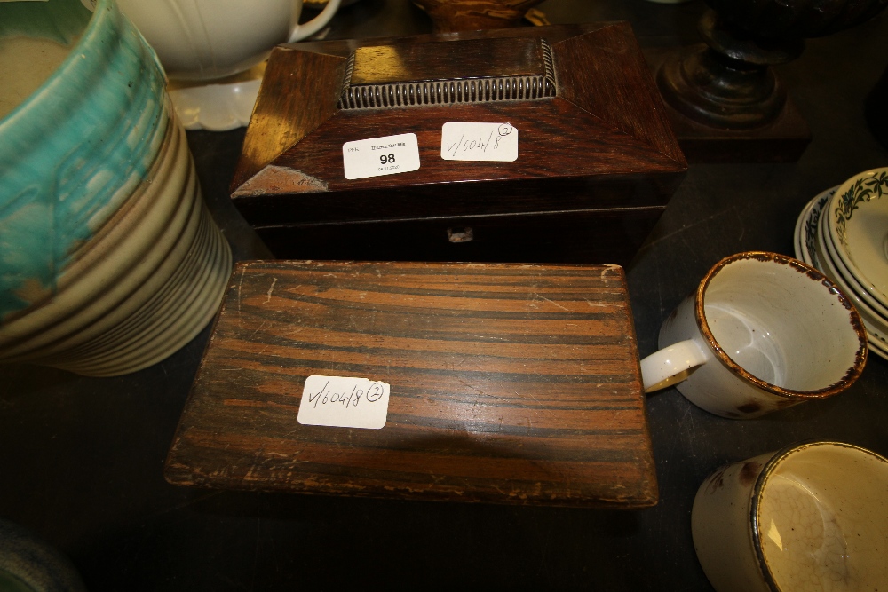 Rosewood tea caddy (A.F) and grained wood box