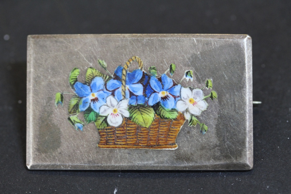 Enamelled silver rectangle brooch