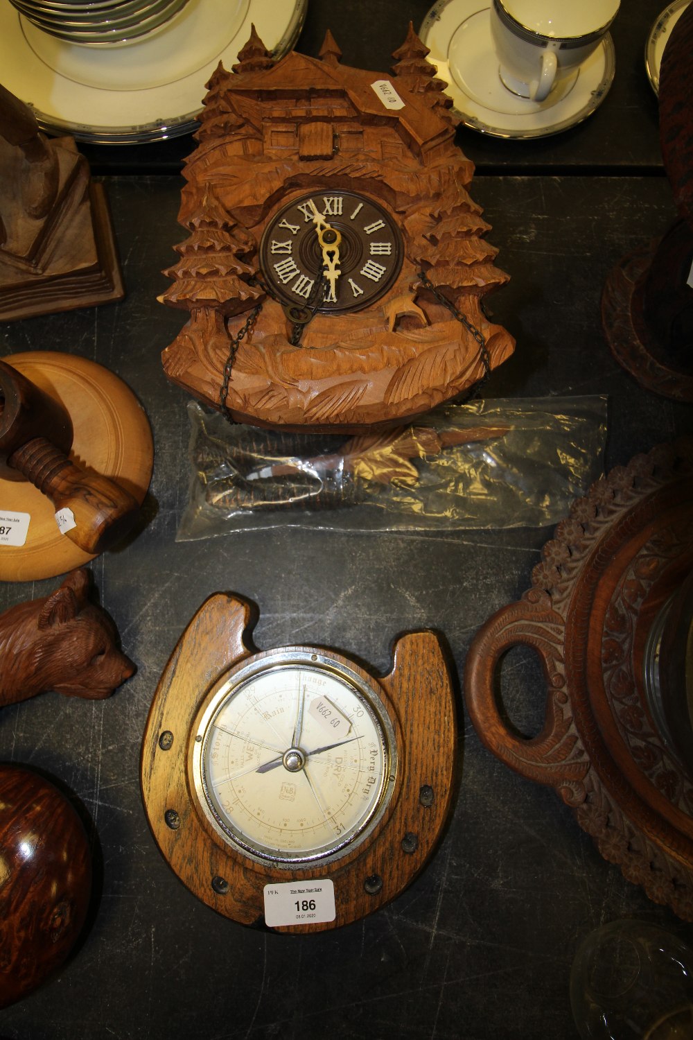 Cuckoo clock, barometer (A/F), and wooden wine rack