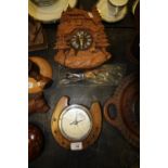 Cuckoo clock, barometer (A/F), and wooden wine rack