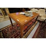 Modern parquetry topped table with white metal banding