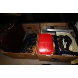 Two boxes of ladies shoes, bags etc