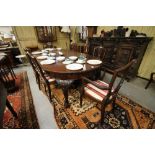 1920's mahogany oval extending dining table with 3 leaves & winding handle & set of 8 modern