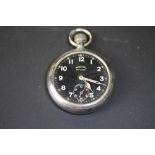 1940's Ingersoll Defiance military chrome pocket watch, with black enamelled dial (lacking glass)