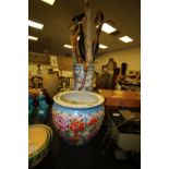 Chinese porcelain fish bowl and oriental stick stand with sticks