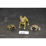 Cast French Bulldog and two cast frogs (brass and copper)