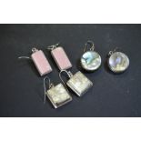 Three pairs of silver, hardstone and mother of pearl earrings