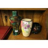 Trio of colourful vases including Titian Ware & Decoro