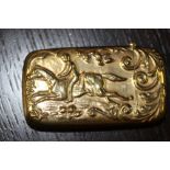 Victorian brass 'naive' case, embossed to sides with racehorses within leave scroll borders