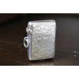 Victorian silver vesta case, engraved body with shield cartouche (engraved) by T.H. Birmingham 1894,