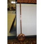 Unusual 19th Century copper and brass warming pan, with cylindrical metal handle, 133cm long, slight