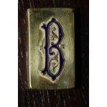 Victorian brass vesta case set to front with blue enamelled letter 'B'