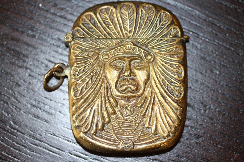 Late Victorian embossed brass 'Native American' vesta case