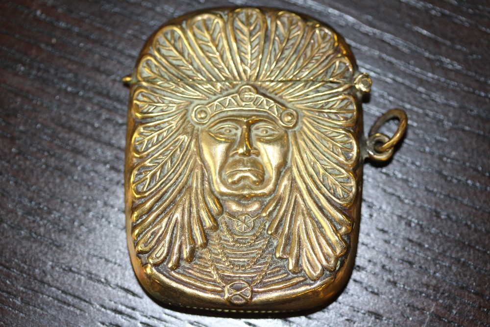 Late Victorian embossed brass 'Native American' vesta case - Image 2 of 3