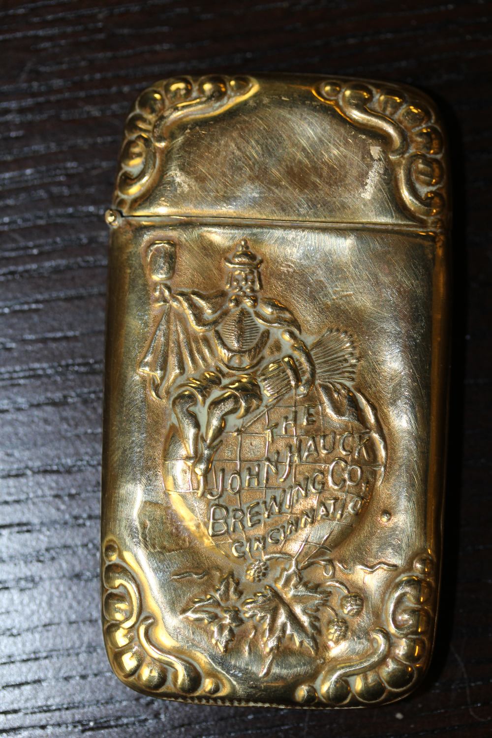 Late 19th Century American embossed brass vesta case worded 'The John Hauck Brewing Co. Cincinnati'