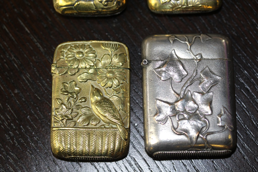 Four late Victorian 'Aesthetic' vesta cases, three brass, one plated, variously decorated with birds - Image 3 of 3