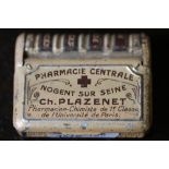 Early 20th century French printed tin advertising vesta case, worded 'Pharmacie Centale Nogent Sur