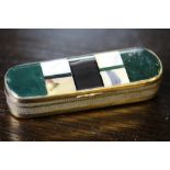 Late Victorian brass and hardstone vesta case, lid and case inset with sectional coloured agate