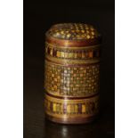 19th century coloured straw work cylindrical vesta, paper lined interior