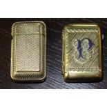 Late Victorian brass vesta case with blue enamelled relief set letter 'P' and one other Victorian