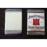 Early 20th Century plated and celluloid advertising vesta case, worded 'John Jeffrey & Co Heriot
