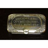 Late 19th century American chromed metal combined stamp and vesta case, lid engraved 'Brickner &